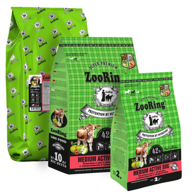 ZooRing Medium Active Dog сухой корм для собак средних пород, с ТЕЛЯТИНОЙ, рисом и яблоками с глюкозамином и хондроитином - 2 кг повседневный супер премиум низкозерновые для взрослых с телятиной породы среднего размера мешок Российский корм 1 уп. х 1 шт. 