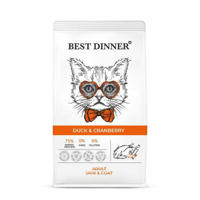 Best Dinner Adult Cat Skin &amp; Coat полнорационный сухой корм для кошек, для ухода за кожей и шерстью, с УТКОЙ и клюквой - 400 г повседневный супер премиум для взрослых с уткой для всех пород мешок Российский корм 1 уп. х 1 шт. х 0.4 кг