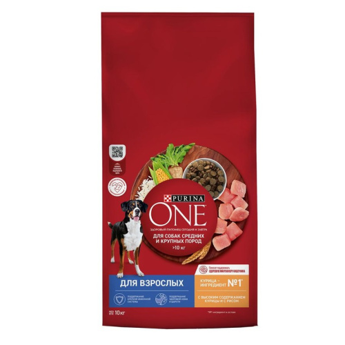 Purina ONE Adult сухой корм для собак средних и крупных пород, с курицей и рисом повседневный супер премиум для взрослых с курицей породы крупного размера мешок Российский корм 1 уп. х 1 шт. х 10 кг