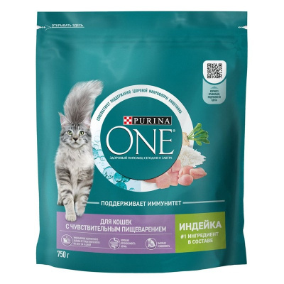 Purina One для кошек, с чувствительным пищеварением и разборчивым вкусом в еде, с индейкой - 750 г супер премиум для взрослых с индейкой мешок Российский корм 1 уп. х 1 шт. х 0.75 кг