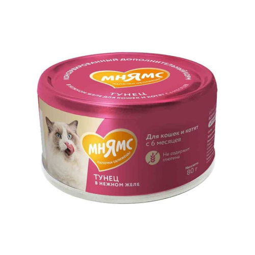 Мнямс На каждый день влажный корм для кошек и котят старше 6 месяцев, с тунецом в нежном желе, в консервах - 80 г для взрослых Китай 1 уп. х 24 шт. х 1.92 кг