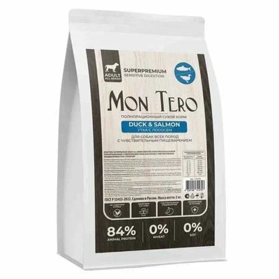 Mon Tero Superpremium Adult All Breed Sensitive Digestion сухой корм для собак всех пород с чувствительным пищеварением, с уткой и лососем - 15 кг супер премиум холистики для взрослых с уткой мешок Россия 1 уп. х 1 шт. х 15 кг