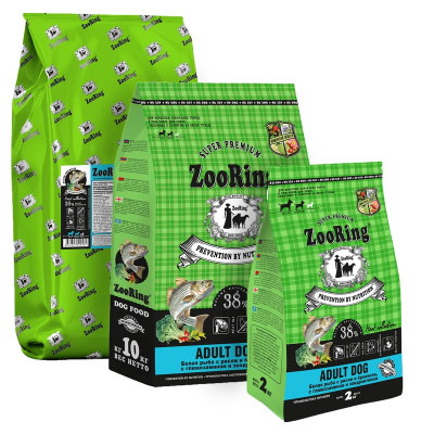 ZooRing Adult Dog сухой корм для собак средних и крупных пород, склонных к аллергии на белок птицы, с РЫБОЙ - 2 кг повседневный супер премиум низкозерновые для взрослых с рыбой породы крупного размера мешок Российский корм 1 уп. х 1 шт. х 2 кг