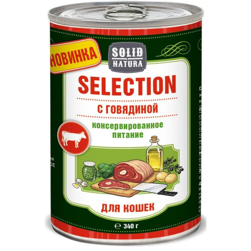 Solid Natura Selection влажный корм для кошек, с говядиной, кусочки в соусе, в консервах - 340 г повседневный премиум для взрослых с говядиной консервы (в железной банке) Российский корм 1 уп. х 12 шт. х 4.08 кг