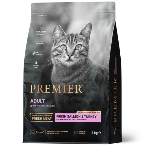 Premier Cat Salmon &amp; Turkey Adult сухой корм для взрослых кошек, свежее филе лосося с индейкой - 8 кг супер премиум для взрослых с индейкой для всех пород Импортный корм 1 уп. х 1 шт. х 8 кг