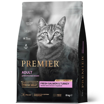 Premier Cat Salmon &amp; Turkey Adult сухой корм для взрослых кошек, свежее филе лосося с индейкой - 8 кг супер премиум для взрослых с индейкой для всех пород Импортный корм 1 уп. х 1 шт. х 8 кг