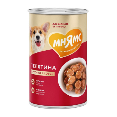 Мнямс Правильное развитие полнорационный влажный корм для щенков, с телятиной, кусочки в соусе, в консервах - 400 г повседневный премиум для щенков с телятиной для всех пород консервы (в железной банке) Российский корм 1 уп. х 12 шт. х 4.8 кг
