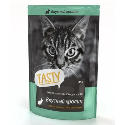Tasty влажный корм для кошек с КРОЛИКОМ в желе, в паучах - 85 г эконом для взрослых с кроликом для всех пород паучи Российский корм 1 уп. х 28 шт. х 2.52 кг