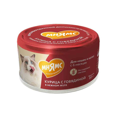 Мнямс На каждый день влажный корм для кошек и котят старше 6 месяцев, с курицей и говядиной в нежном желе, в консервах - 80 г для взрослых Китай 1 уп. х 24 шт. х 1.92 кг