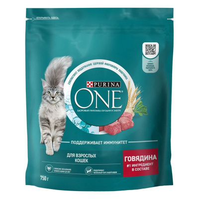 Purina One полнорационный для кошек, с говядиной - 750 г повседневный супер премиум для взрослых с говядиной мешок Российский корм 1 уп. х 1 шт. х 0.75 кг