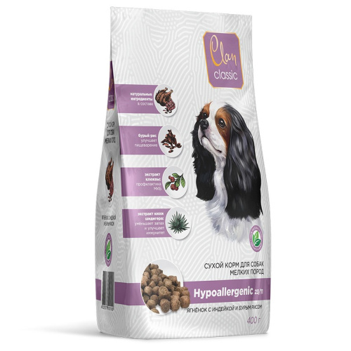 Clan Classic Hypoallergenic 23/11 сухой корм для взрослых собак мелких пород с ягненком, индейкой и бурым рисом - 400 г повседневный премиум для взрослых с индейкой породы мелкого размера мешок Российский корм 1 уп. х 1 шт. х 0.4 кг