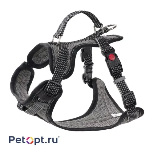 PetOpt Шлейка с ручкой для собак светоотражающая, черно-серая, нейлоновая ХL-25ммХ80-100см Регулировки на груди и спине лямок xl Китай 1 уп. х 1 шт. х 0.324 кг