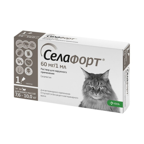 KRKA Селафорт капли от блох и клещей для кошек массой 7,6 -10 кг, 60 мг, 1 мл, 1 пипетка ветеринарный для всех возрастов породы крупного размера Словения 1 уп. х 1 шт. х 0.007 кг