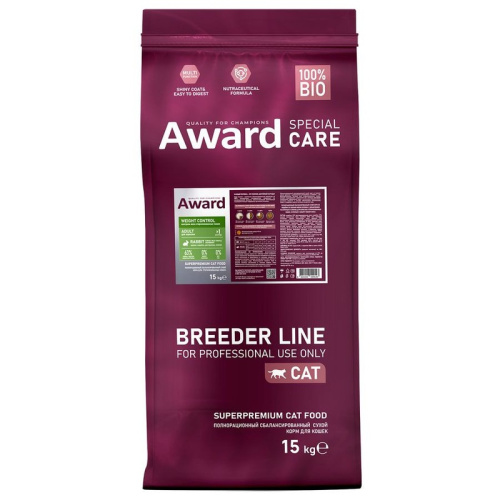 Award Special Care Weight Control сухой корм для стерилизованных кошек, для контроля веса, с кроликом - 15 кг для взрослых с кроликом мешок Россия 1 уп. х 1 шт. х 15 кг