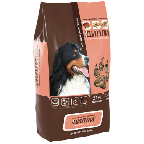 Дилли полнорационный сухой корм для собак, говяжья печень с овсянкой - 14 кг повседневный эконом для взрослых с говядиной для всех пород мешок Российский корм 1 уп. х 1 шт. х 14 кг