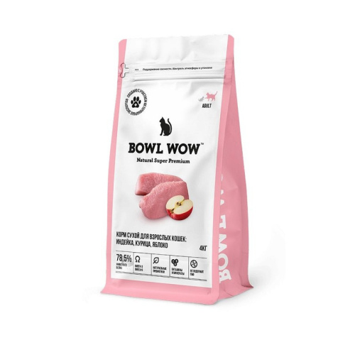 Bowl Wow сухой корм для кошек, полнорационный, с индейкой, курицей и яблоком - 4 кг премиум с клетчаткой для взрослых с индейкой для всех пород тетра пак Российский корм 1 уп. х 1 шт. х 4 кг