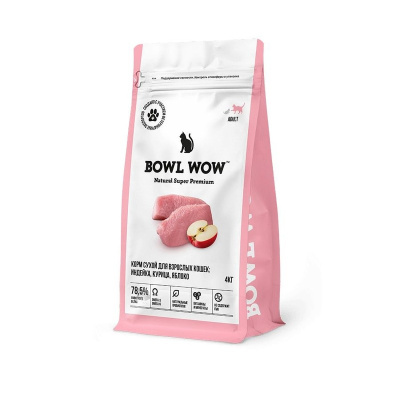 Bowl Wow сухой корм для кошек, полнорационный, с индейкой, курицей и яблоком - 4 кг премиум с клетчаткой для взрослых с индейкой для всех пород тетра пак Российский корм 1 уп. х 1 шт. х 4 кг