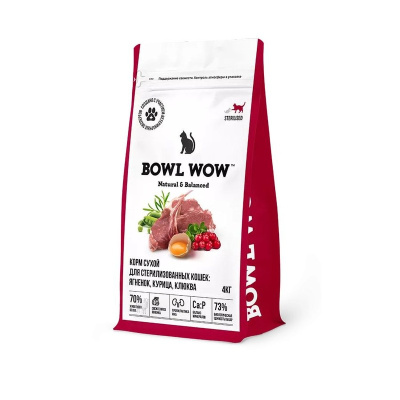 Bowl Wow сухой корм для стерилизованных кошек, с ягненком, курицей и клюквой - 4 кг для взрослых с ягненком мешок Россия 1 уп. х 1 шт. х 4 кг