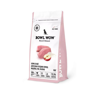Bowl Wow сухой корм для собак средних пород, с индейкой, рисом и яблоком - 10 кг для взрослых с индейкой породы среднего размера мешок Россия 1 уп. х 1 шт. х 10 кг
