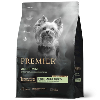 Premier Dog Lamb &amp; Turkey Adult Mini сухой корм для собак мелких пород, свежее мясо ягненка с индейкой - 3 кг повседневный супер премиум низкозерновые для взрослых с индейкой породы мелкого размера мешок Импортный корм 1 уп. х 1 шт. х 3 кг