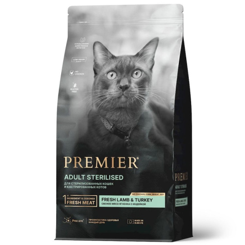 Premier Cat Lamb &amp; Turkey Sterilised сухой корм для взрослых стерилизованных кошек, свежее мясо ягненка с индейкой - 400 г повседневный супер премиум низкозерновые для взрослых с индейкой мешок Импортный корм 1 уп. х 1 шт. х 0.4 кг