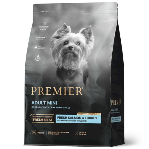 Premier Dog Salmon &amp; Turkey Adult Mini сухой корм для собак мелких пород, свежее филе лосося с индейкой - 3 кг повседневный супер премиум низкозерновые для взрослых с индейкой породы мелкого размера мешок Импортный корм 1 уп. х 1 шт. х 3 кг