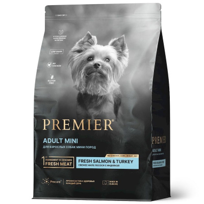Premier Dog Salmon &amp; Turkey Adult Mini сухой корм для собак мелких пород, свежее филе лосося с индейкой - 3 кг повседневный супер премиум низкозерновые для взрослых с индейкой породы мелкого размера мешок Импортный корм 1 уп. х 1 шт. х 3 кг