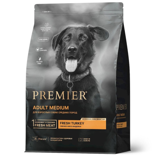 Premier Dog Turkey Adult Medium сухой корм для собак средний пород, свежее мясо индейки - 3 кг повседневный супер премиум низкозерновые для взрослых с индейкой породы среднего размера мешок Импортный корм 1 уп. х 1 шт. х 3 кг