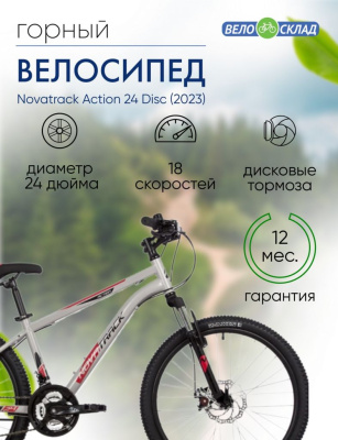 Подростковый велосипед Novatrack Action 24 Disc, год 2023, цвет Серый, ростовка 14