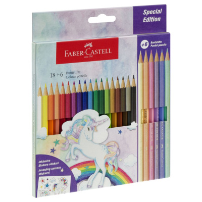 Набор карандашей цветные Faber-Castell "Unicorn" 18 цв., шестигр., заточ.+6 паст. цв., картон, европ