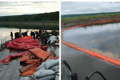 В Олекминском районе в месте разлива нефтепродуктов на реке установили заградительные боны / ЯСИА   