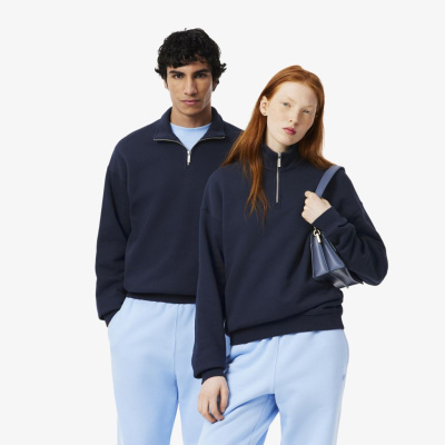 Хлопковый свитшот Lacoste унисекс свободного кроя из плотного флиса с застежкой-молнией на воротнике