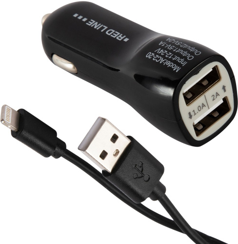 Автомобильное зарядное устройство Red Line AC2-20 с кабелем Apple Lightning Чёрное