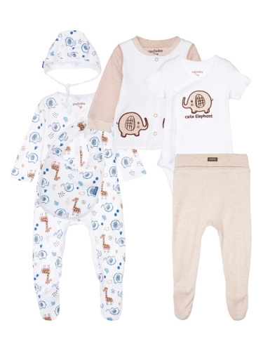 Комплект детский трикотажный для мальчиков: боди, комбинезон, кофточка, нагрудник, ползунки, чепчик