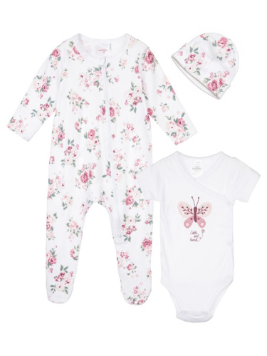 Комплект детский трикотажный для девочек: боди, комбинезон, шапочка