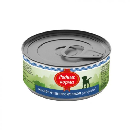 Родные корма Мясное угощение влажный корм для щенков, фарш из кролика, в консервах - 100 г повседневный премиум для щенков с кроликом для всех пород консервы (в железной банке) Российский корм 1 уп. х 24 шт. х 2.64 кг