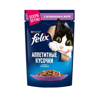 Felix Аппетитные кусочки полнорационный влажный корм для кошек, с ягненком, кусочки в желе, в паучах - 85 г повседневный эконом для взрослых с ягненком паучи Российский корм 1 уп. х 26 шт. х 2.21 кг