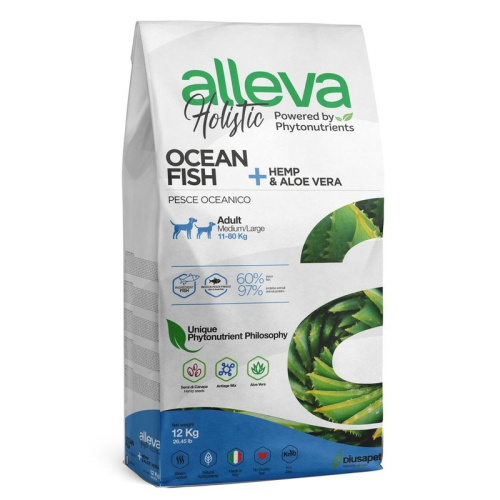 Alleva Holistic Adult Ocean Fish Medium/Maxi сухой корм для собак средних и крупных пород, с океанической РЫБОЙ, коноплей и алое вера - 12 кг повседневный супер премиум беззерновые для взрослых с океанической рыбой породы крупного размера мешок Импортный 