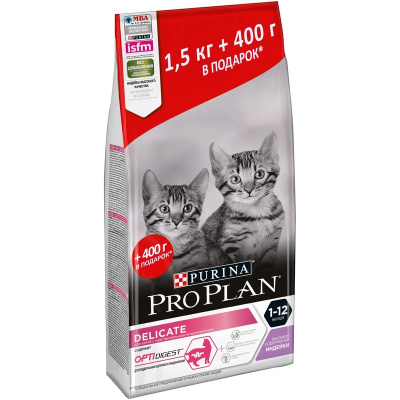 Сухой корм Purina Pro Plan Delicate для котят с чувствительным пищеварением с индейкой - 1,5 кг + 400 г в подарок повседневный супер премиум для котят с индейкой мешок Российский корм 1 уп. х 1 шт. х 1.9 кг