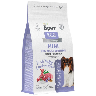 Brit Care Mini Dog Adult Sensitive Healthy Digestion сухой корм для собак мелких пород, с ИНДЕЙКОЙ, с ЯГНЕНКОМ и рисом - 1,5 кг супер премиум для взрослых с индейкой породы мелкого размера мешок Российский корм 1 уп. х 1 шт. х 1.5 кг