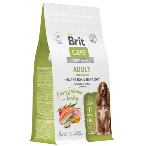 Brit Care Dog Adult Medium Healthy Skin Shiny Coat сухой корм для собак средних пород, с ЛОСОСЕМ и ИНДЕЙКОЙ - 1,5 кг супер премиум для взрослых с индейкой породы среднего размера мешок Российский корм 1 уп. х 1 шт. х 1.5 кг