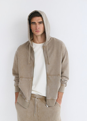 Толстовка на молнии с эффектом стирки, Бежевый