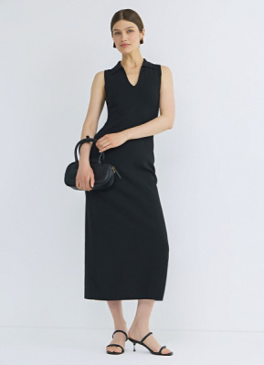 Вязаное платье с воротником-поло, Черный