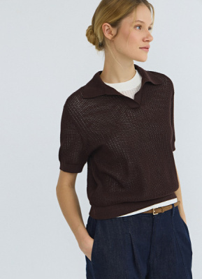 Джемпер поло из ажурной пряжи, Коричневый