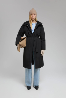 Пуховое пальто с поясом и капюшоном