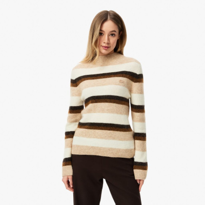 Женский свитер Lacoste в полоску с высоким воротом классического кроя