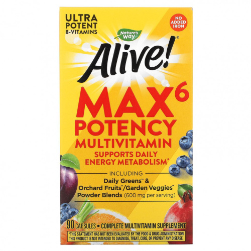 Nature's Way, Alive! Max6 Potency, мультивитамины повышенной эффективности, без добавления железа, 90 капсул