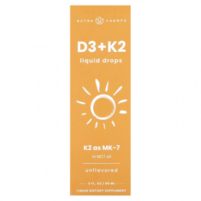 NutraChamps, Жидкие капли D3 + K2, без добавок, 60 мл (2 жидк. Унции)