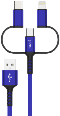 Кабель Pero DC-06 USB / Apple Lightning / microUSB / USB-C 2 м Синий