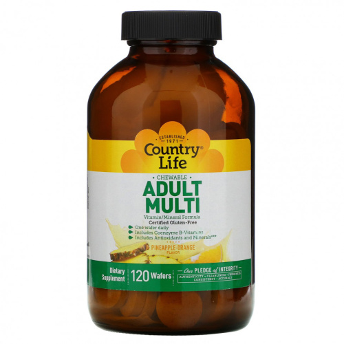Country Life, жевательные мультивитамины для взрослых со вкусом ананаса и апельсина, 120 жевательных пластинок